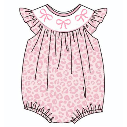 Girls Pink Leopard Strawberry Bow Embroidery Bubbles
