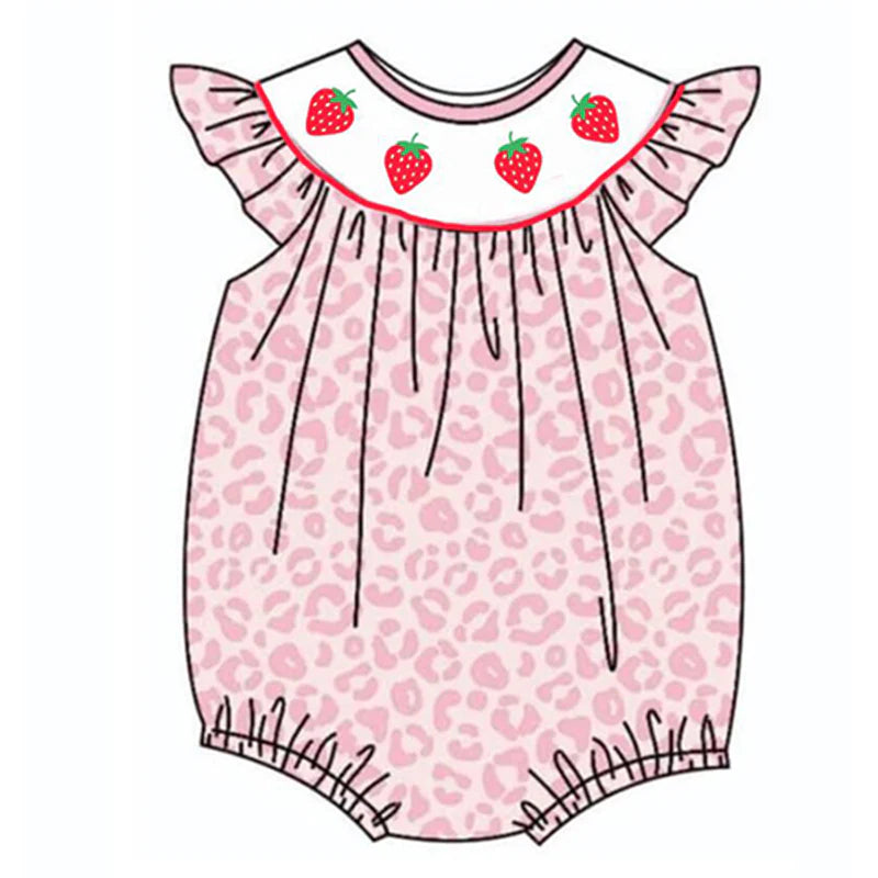 Girls Pink Leopard Strawberry Bow Embroidery Bubbles