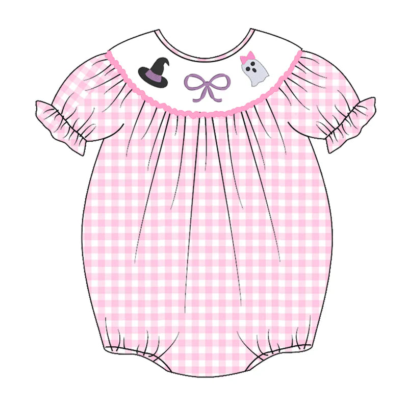 Baby Girls Halloween Pink Plaid Smocked Embroidery Bubbles