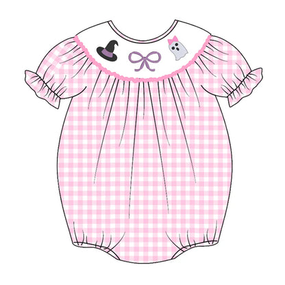 Baby Girls Halloween Pink Plaid Smocked Embroidery Bubbles