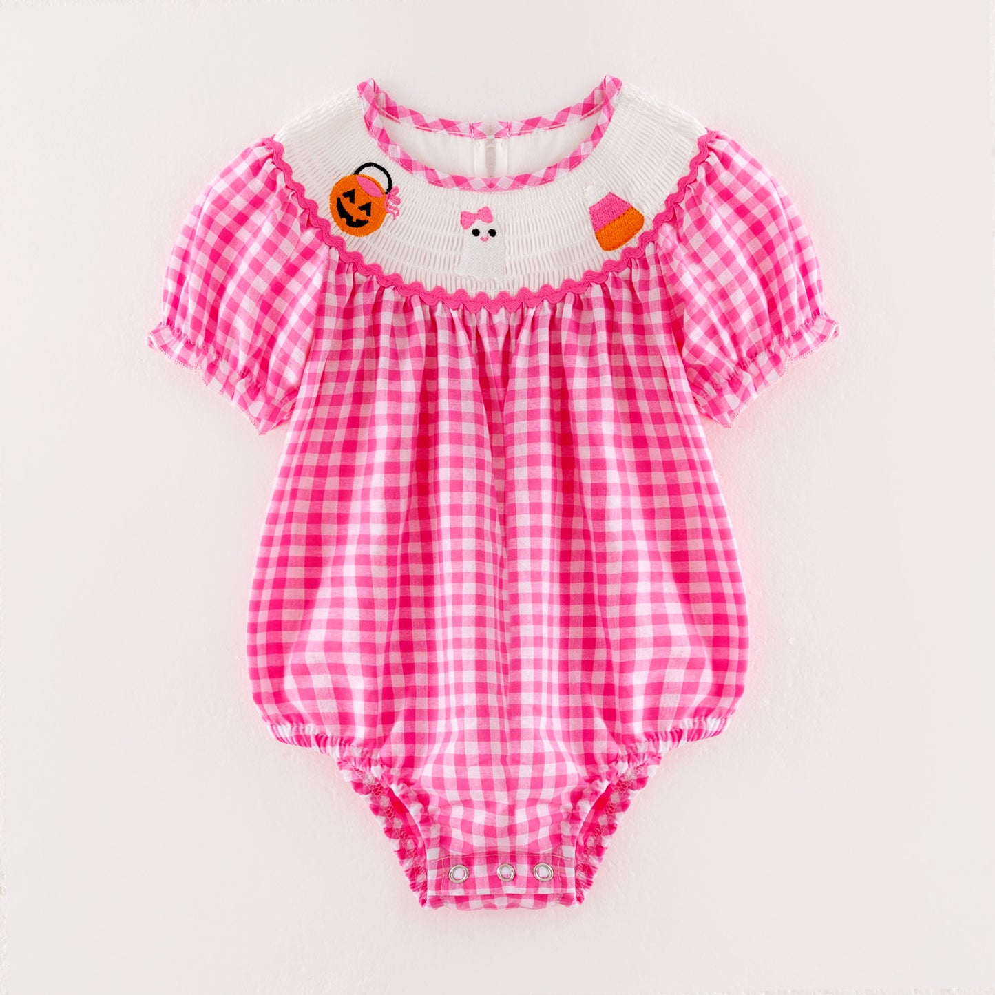 Baby Girls Halloween Pink Plaid Smocked Embroidery Bubbles