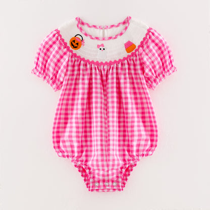 Baby Girls Halloween Pink Plaid Smocked Embroidery Bubbles