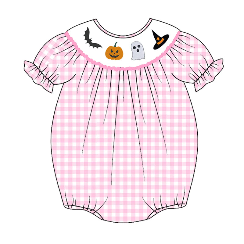Baby Girls Halloween Pink Plaid Smocked Embroidery Bubbles