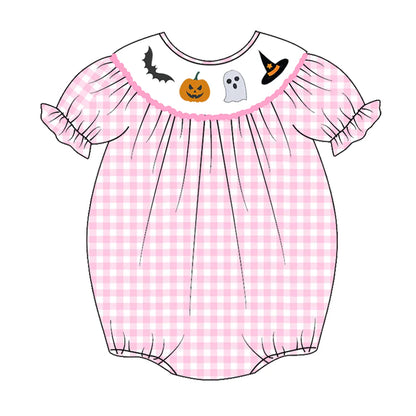 Baby Girls Halloween Pink Plaid Smocked Embroidery Bubbles