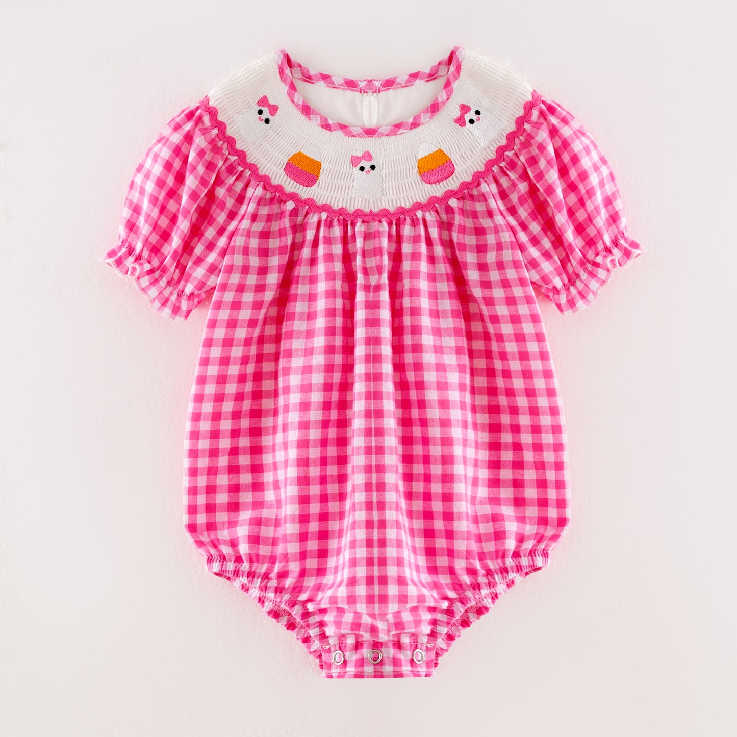 Baby Girls Halloween Pink Plaid Smocked Embroidery Bubbles