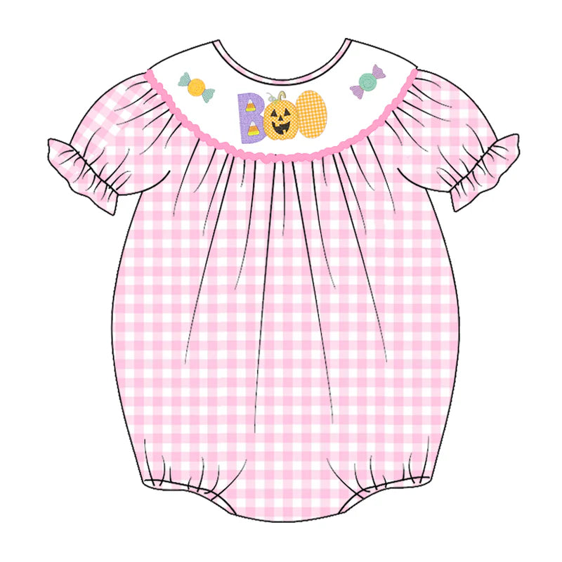 Baby Girls Halloween Pink Plaid Smocked Embroidery Bubbles