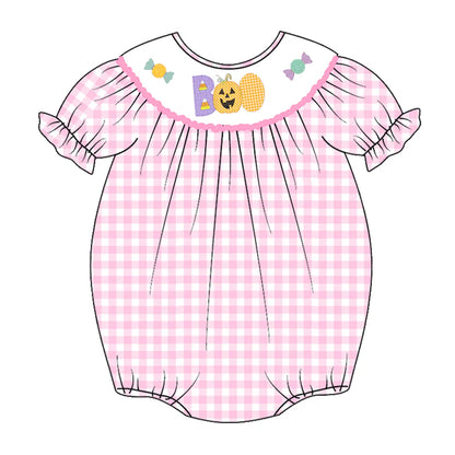 Baby Girls Halloween Pink Plaid Smocked Embroidery Bubbles