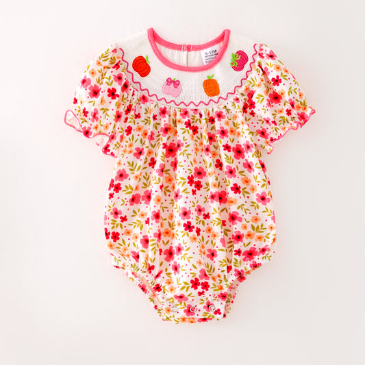 Girls Halloween Pink Orange Pumpkin Embroidery Romper