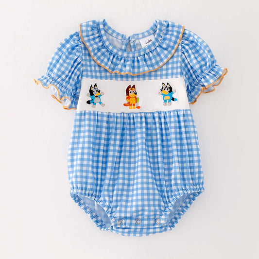 Blue Plaid Bluey Cartoon Embroidered Cute Romper For Girl Baby