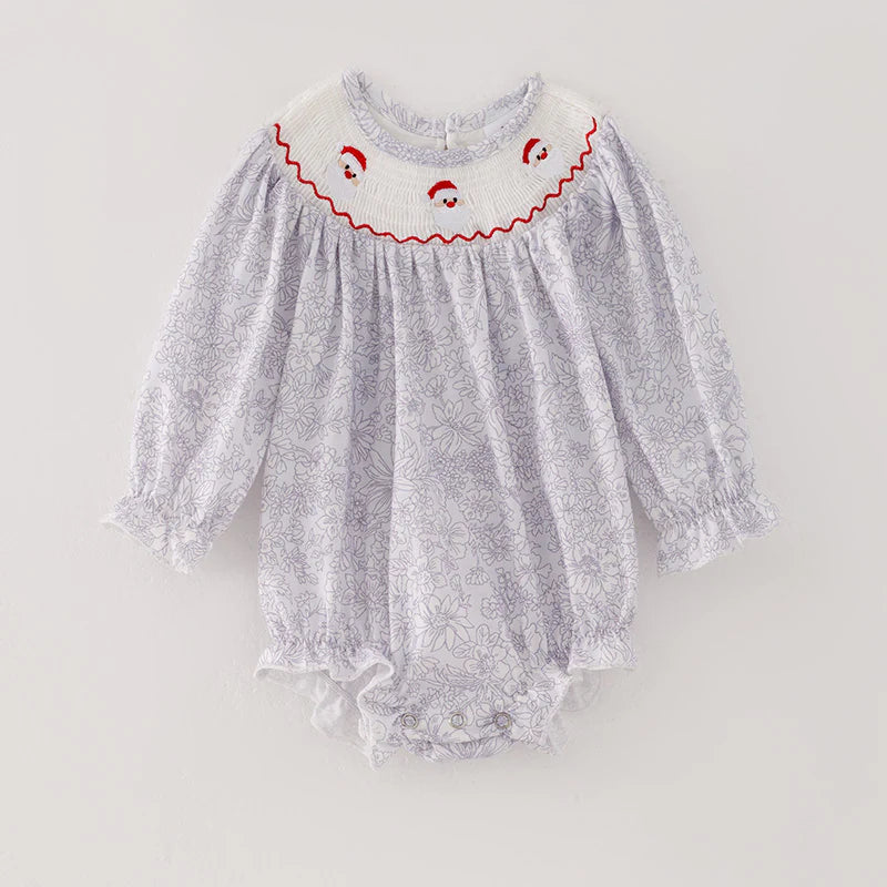Girls Christmas Santa Embroidery Smocked Pant Set & Romper