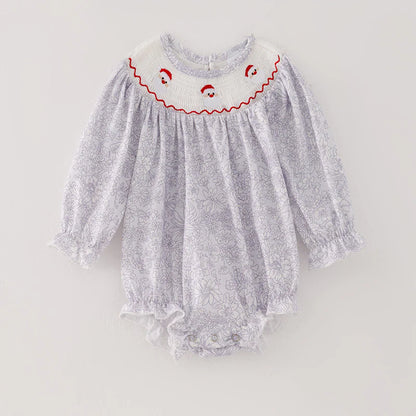 Girls Christmas Santa Embroidery Smocked Pant Set & Romper
