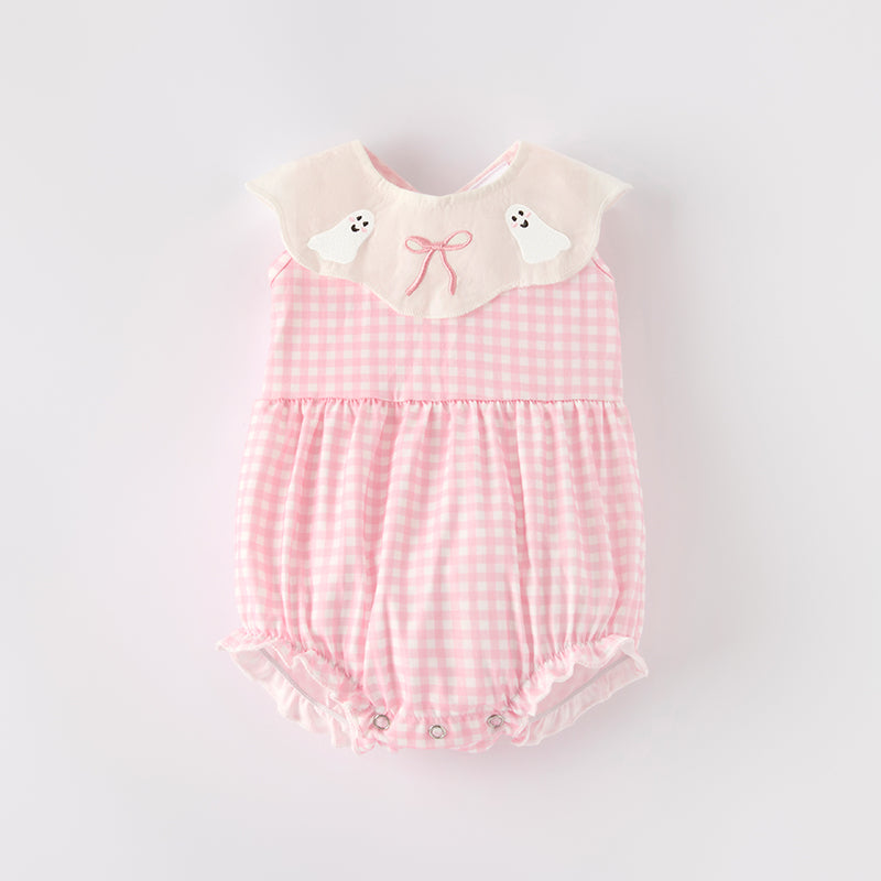 Baby Girls Halloween Pink Plaid Ghost Applique Romper