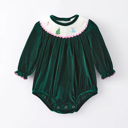 Girls Christmas Green Red Reindeer Santa Embroidery Dress Romper