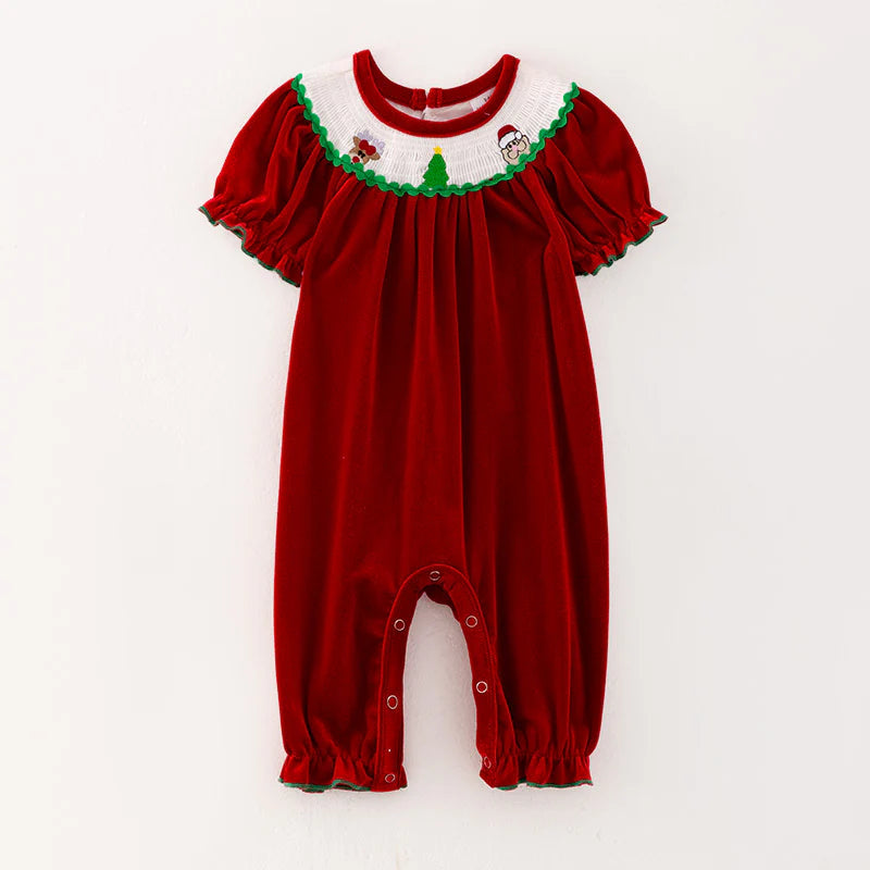 Girls Christmas Green Red Reindeer Santa Embroidery Dress Romper