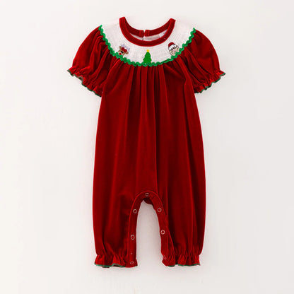 Girls Christmas Green Red Reindeer Santa Embroidery Dress Romper
