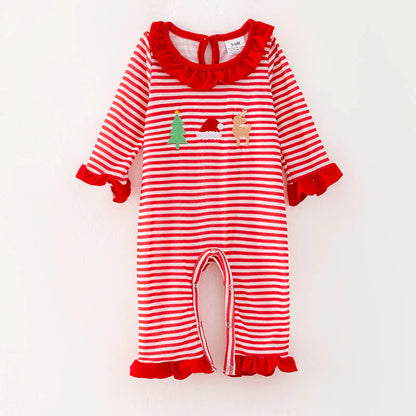 Girls Christmas Reindeer Santa Embroidery Red Stripes Dress Romper