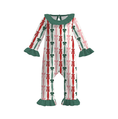Baby Kids Christmas Red Green Bow Print Long Sleeves Romper