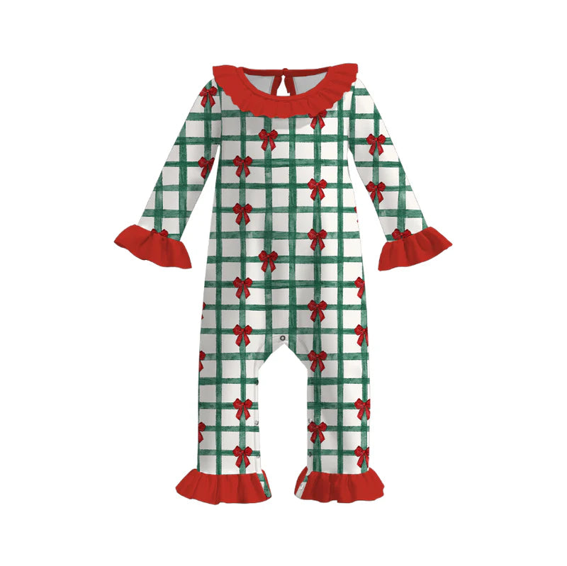 Baby Kids Christmas Red Green Bow Print Long Sleeves Romper