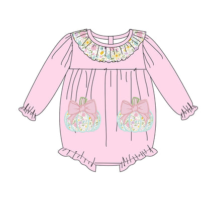 Girls Fall Halloween Pink Floral Pumpkin Embroidery Sibling Outfits