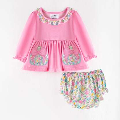 Girls Fall Halloween Pink Floral Pumpkin Embroidery Sibling Outfits