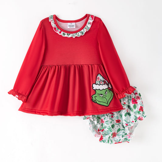 Girls Christmas Grinch Embroidery Applique Romper Set