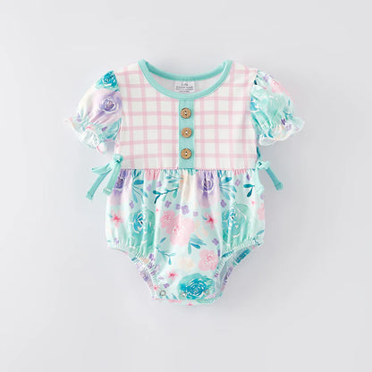 Baby Girls Floral Pink Plaid Summer Bubbles Romper