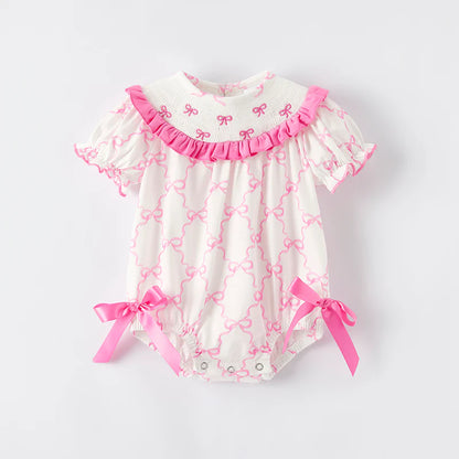 Baby Summer Pink Bow Smocked Embroidered Bubbles Romper