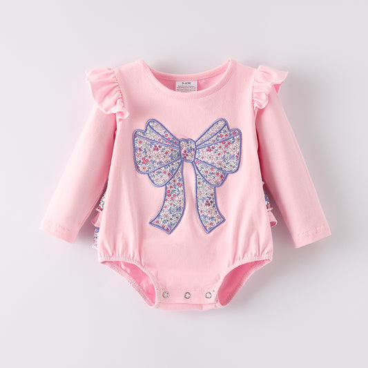 Baby Girls Fall Floral Bow Embroidery Pink Cotton Romper