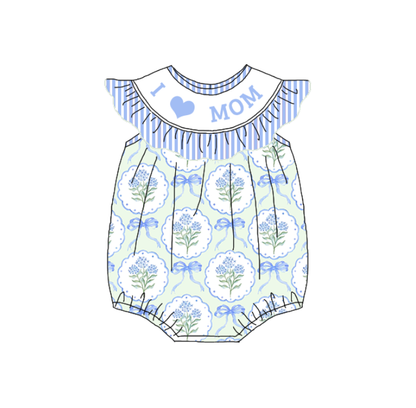 Spring Blue Floral I LOVE MAMA Smock Embroidery Girls Dress & Romper