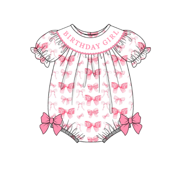 Spring Pink Bow BIRTHDAY GIRL Smock Embroidery Girls Dress & Romper
