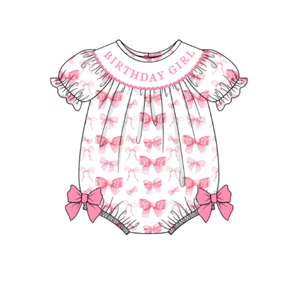 Spring Pink Bow BIRTHDAY GIRL Smock Embroidery Girls Dress & Romper