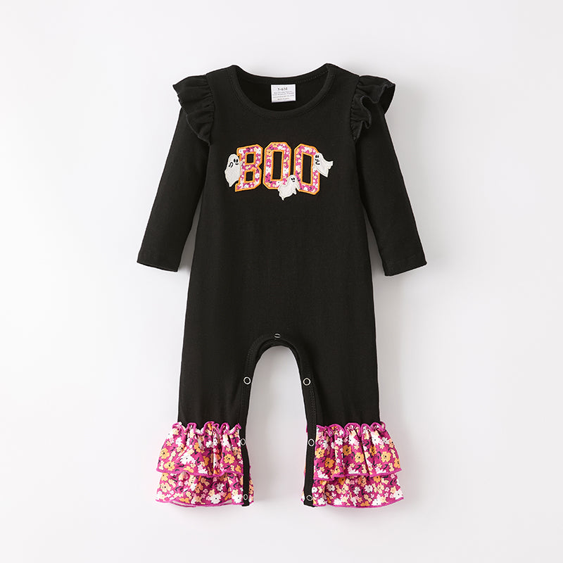 Baby Girls Halloween Boo Ghost Embroidery Floral Romper
