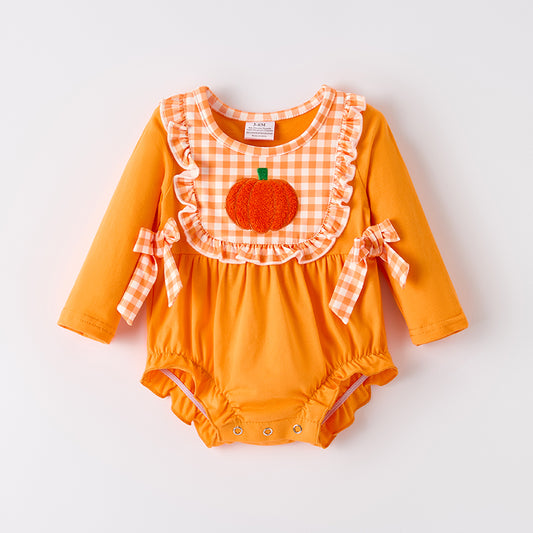Baby Girls Halloween Pumpkin Chenille Patches Long Sleeves Romper