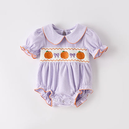 Baby Girls Halloween Pumpkin Embroidery Lavernder Stripes Romper