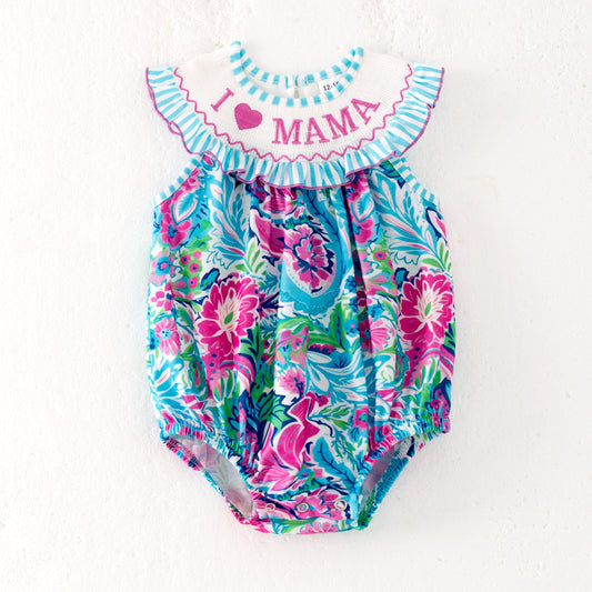 Baby Girls "I LOVE MAMA"Smocked Blue Floral Bubbles Romper