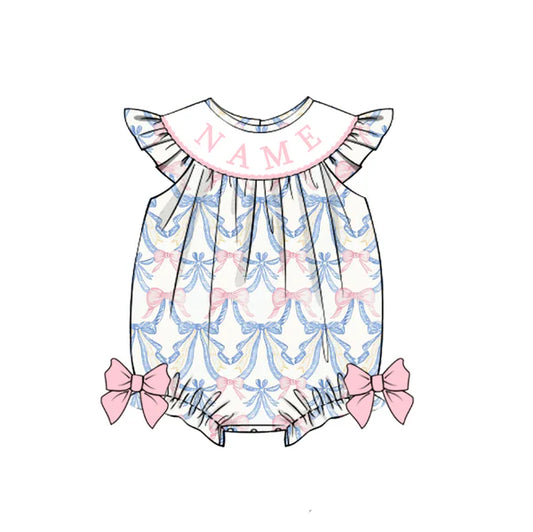 Girls Summer Pink Blue Bow Custom Name Embroidery Romper