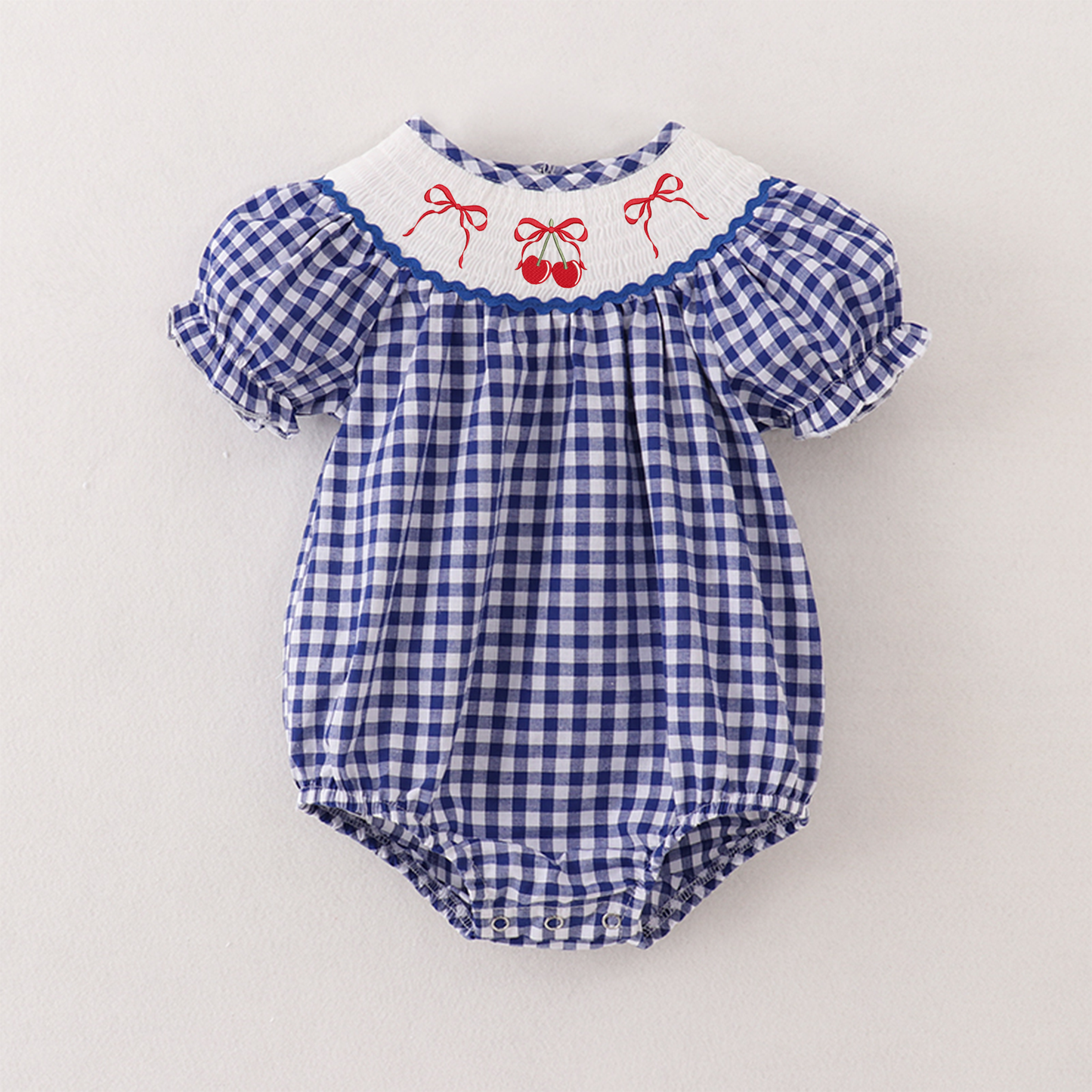 Baby Toddler Blue Plaid Bow Cherry Smocked Romper