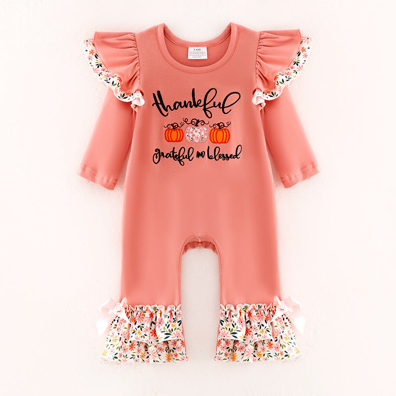 Baby Girls Thankful Grateful Blessed Print Coral Floral Ruffled Romper