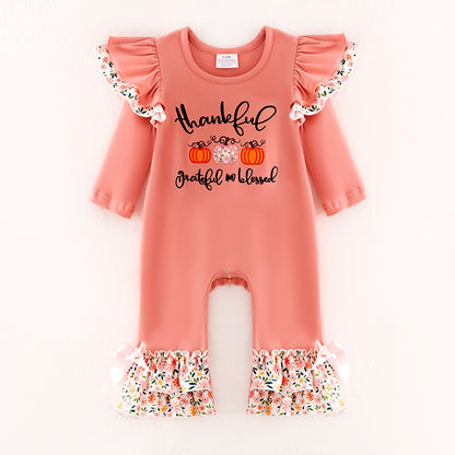 Baby Girls Thankful Grateful Blessed Print Coral Floral Ruffled Romper