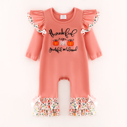 Baby Girls Thankful Grateful Blessed Print Coral Floral Ruffled Romper