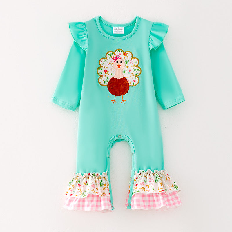 Baby Girls Turkey Applique Mint Cotton Ruffled Romper