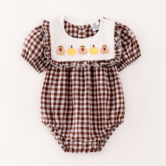 Girls Thanksgiving Pumpkin Turkey Embroidery Brown Plaid Romper