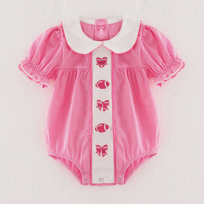 Baby Girls Pink Football Bow Embroidery Bubble Romper
