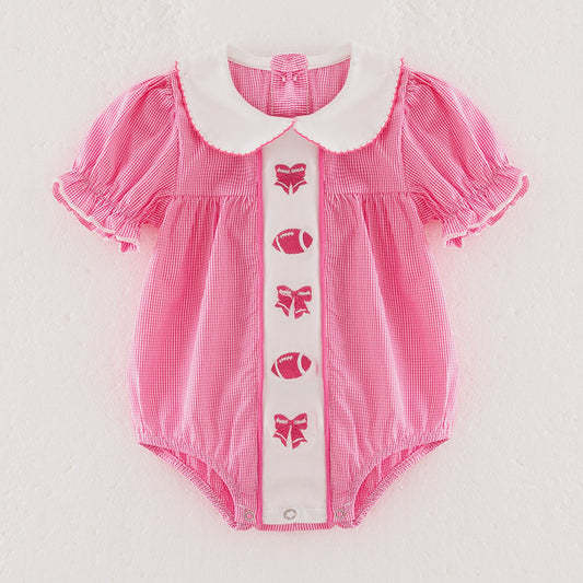 Baby Girls Pink Football Bow Embroidery Bubble Romper