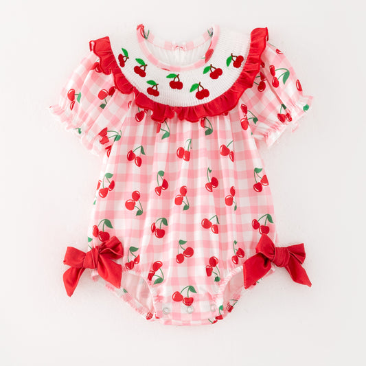Baby Summer Cherry Embroidery Smocked Romper