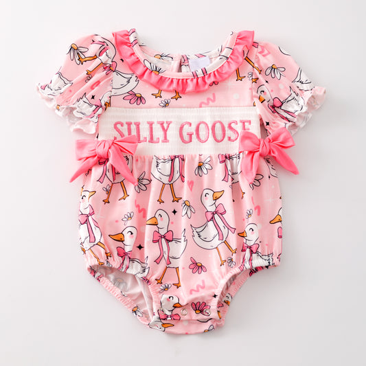 Baby Kids SILLY GOOSE Print Smocked Embroidered Romper