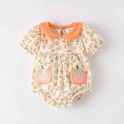 Baby Girls Fall Halloween Pumpkin Applique Bubbles Romper