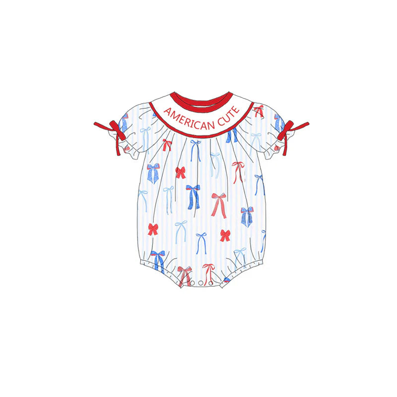 Girls July 4th Red Blue Bow Smocked Custom Name Dress And Romper