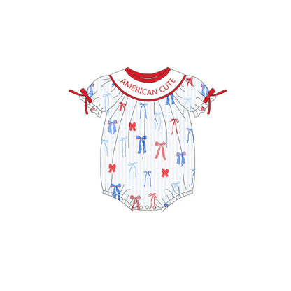 Girls July 4th Red Blue Bow Smocked Custom Name Dress And Romper