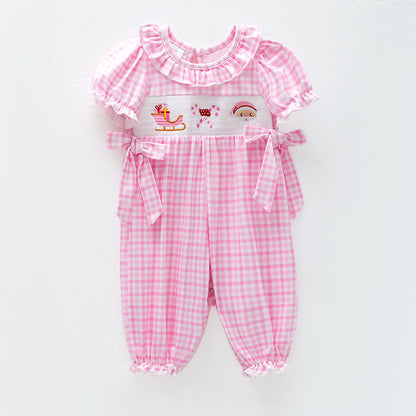 Baby Girls Christmas Pink Plaid Santa Smock Embroidery Romper